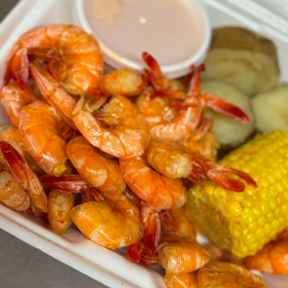 Boiled shrimp dinner with corn and potatoes from Lil Mama's Kitchen in Franklin, Louisiana