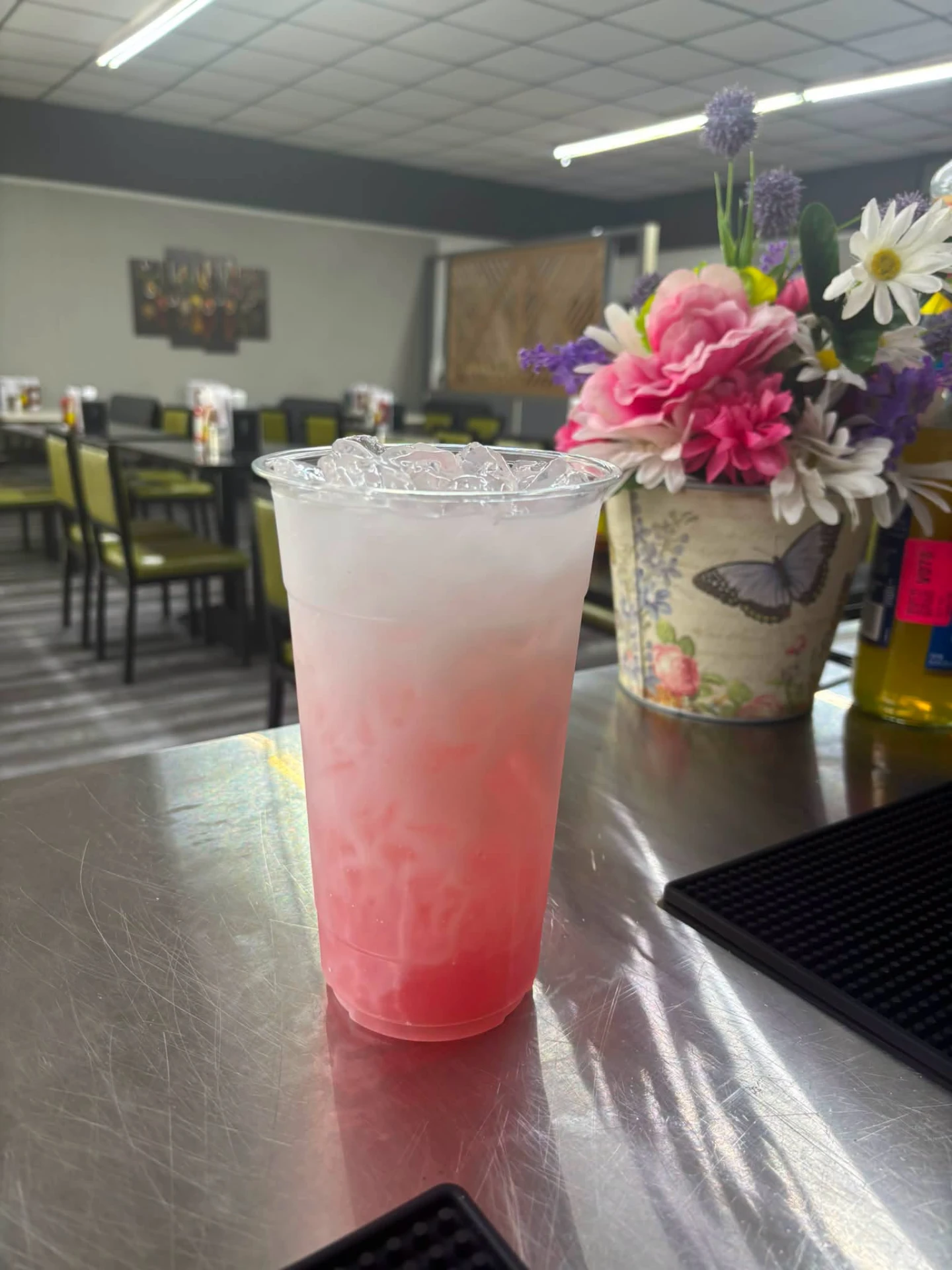 A pink loaded tea prepared at Lil Mama's Kitchen